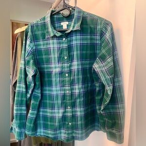 LL Bean green & blue lightweight cotton flannel button up shift. Large
